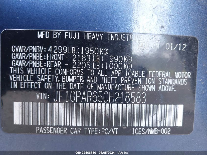 2012 Subaru Impreza 2.0I Sport Limited VIN: JF1GPAR65CH218583 Lot: 39566836