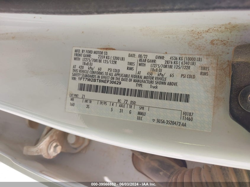 2022 Ford F-250 Xlt VIN: 1FT7W2BT8NEF30629 Lot: 39566852