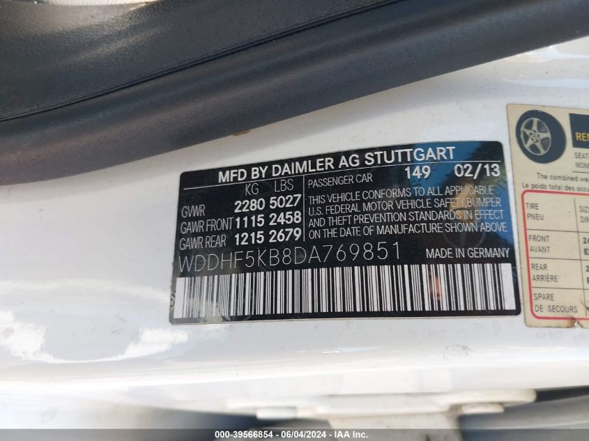 2013 Mercedes-Benz E 350 VIN: WDDHF5KB8DA769851 Lot: 39566854