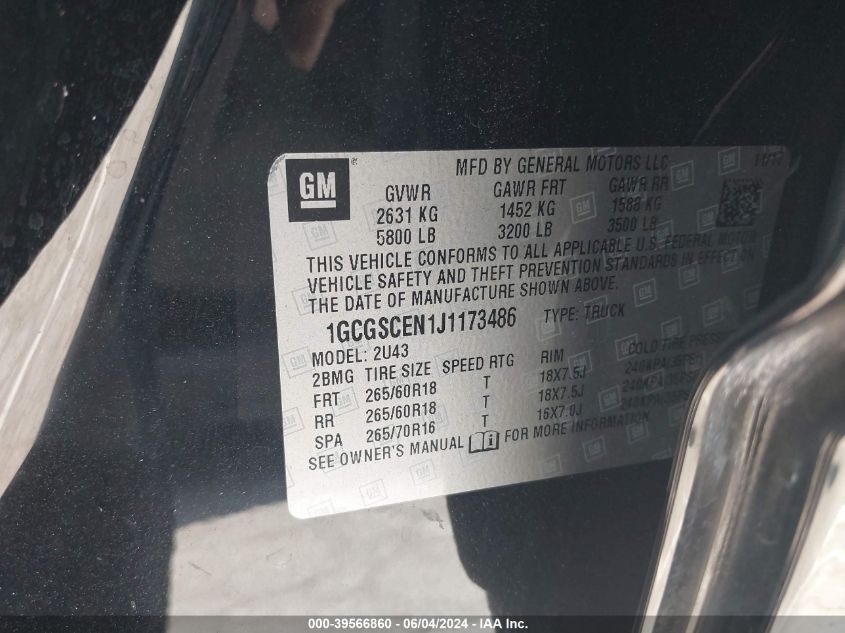 2018 Chevrolet Colorado Lt VIN: 1GCGSCEN1J1173486 Lot: 39566860