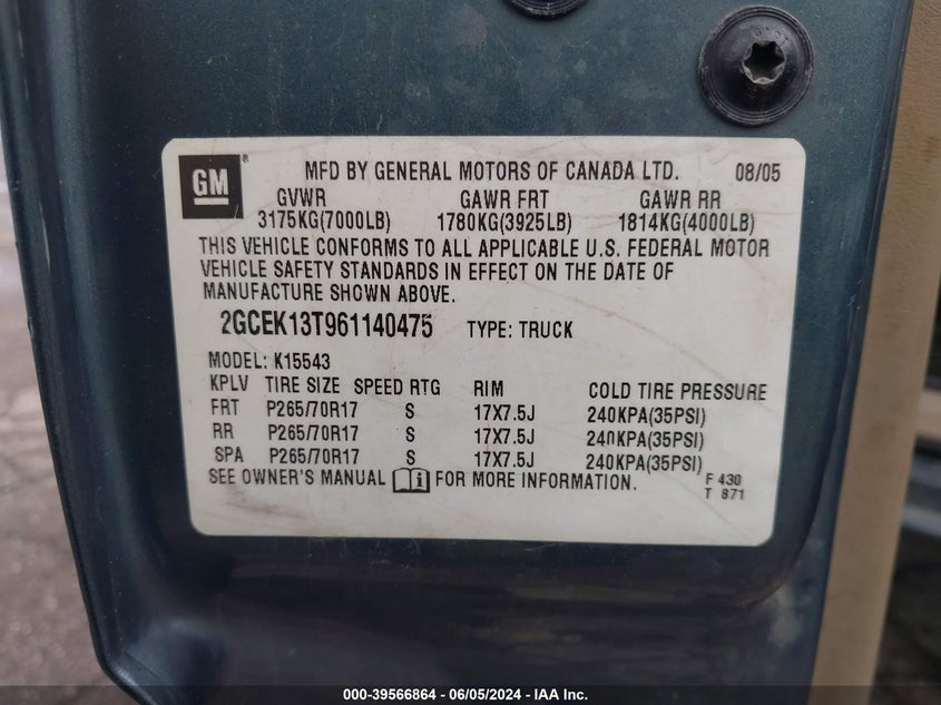 2006 Chevrolet Silverado 1500 Lt3 VIN: 2GCEK13T961140475 Lot: 39566864