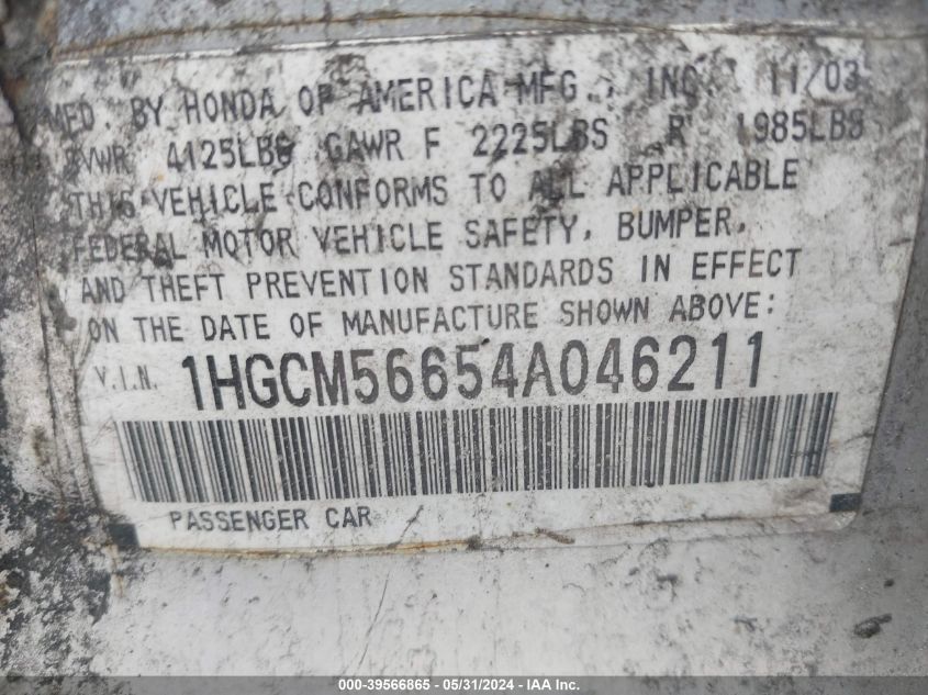 2004 Honda Accord 2.4 Ex VIN: 1HGCM56654A046211 Lot: 39566865