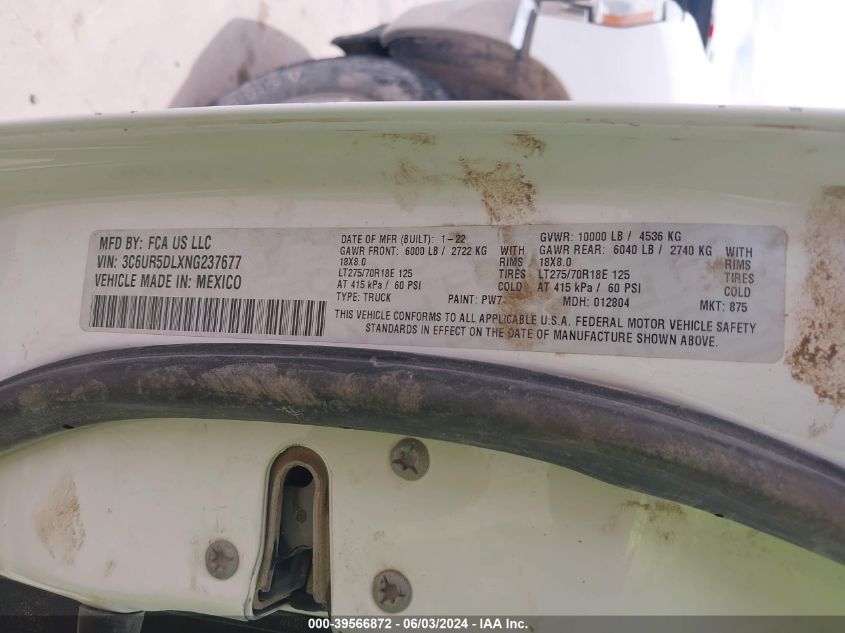 2022 Ram 2500 Big Horn 4X4 6'4 Box VIN: 3C6UR5DLXNG237677 Lot: 39566872