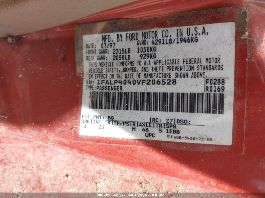 1997 Ford Mustang VIN: 1FALP4040VF206528 Lot: 39566896