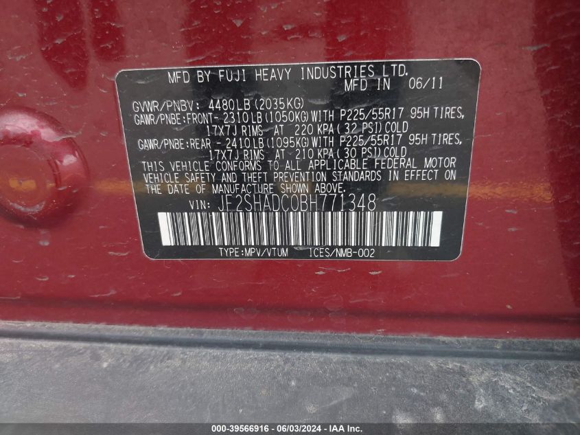 2011 Subaru Forester 2.5X Premium VIN: JF2SHADC0BH771348 Lot: 39566916