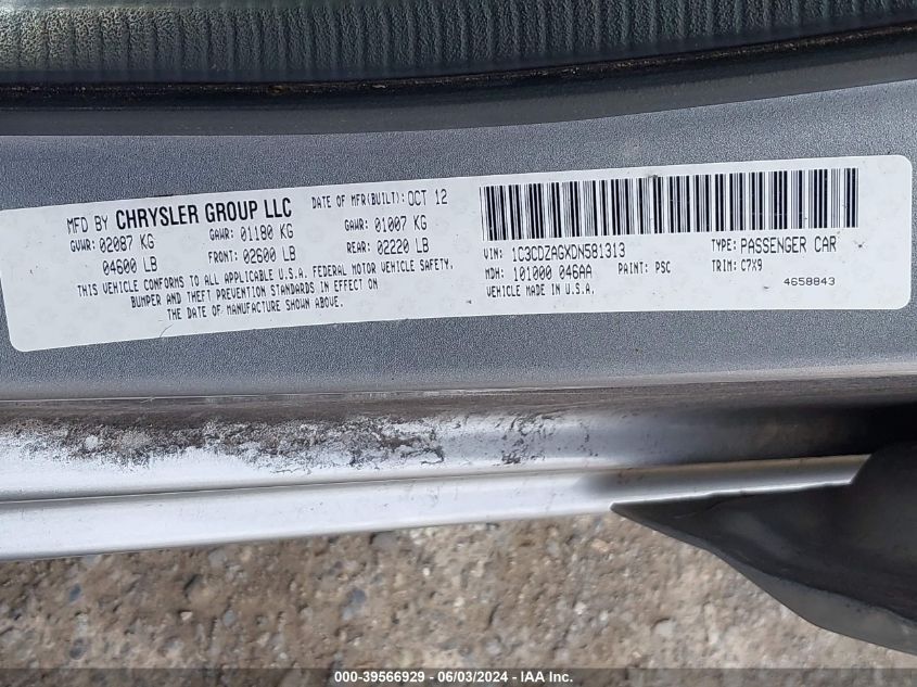 2013 Dodge Avenger Se V6 VIN: 1C3CDZAGXDN581313 Lot: 39566929