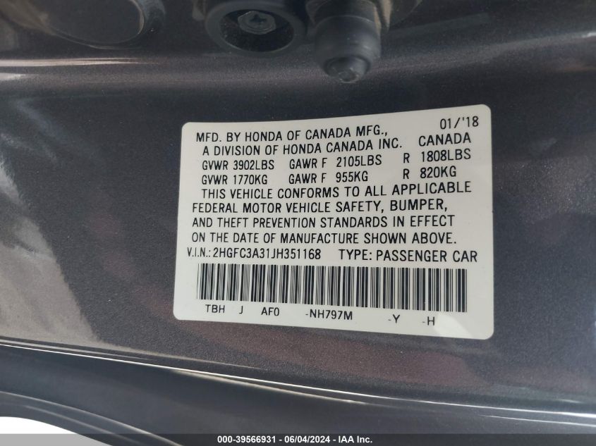 2018 Honda Civic Ex-T VIN: 2HGFC3A31JH351168 Lot: 39566931