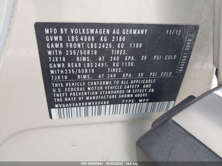 2013 VOLKSWAGEN TIGUAN S/SE/SEL - WVGAV3AX9DW560486