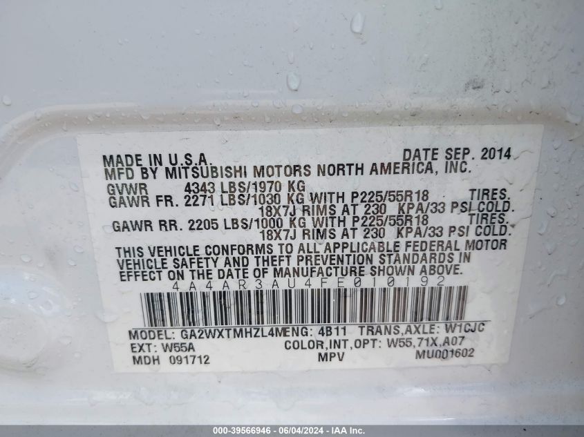 2015 Mitsubishi Outlander Sport Es VIN: 4A4AR3AU4FE010192 Lot: 39566946