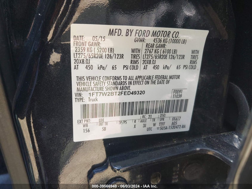 2015 Ford F-250 Lariat VIN: 1FT7W2BT2FED49320 Lot: 39566948
