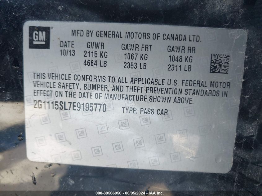 2014 Chevrolet Impala 1Lt VIN: 2G1115SL7E9195770 Lot: 39566950
