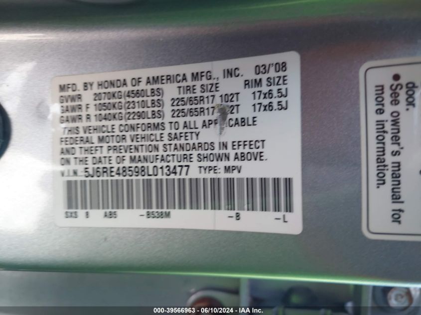 2008 Honda Cr-V Ex VIN: 5J6RE48598L013477 Lot: 39566963