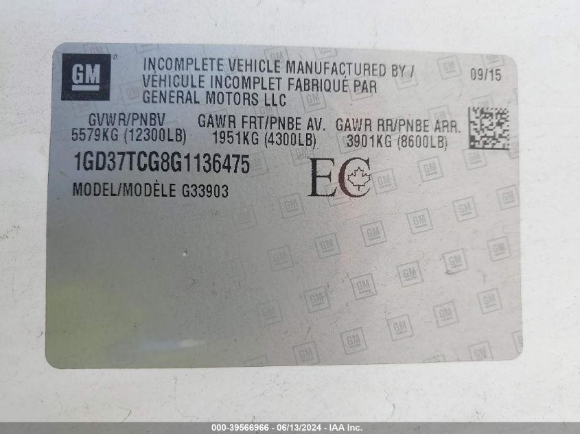 2016 GMC Savana Cutaway 3500 VIN: 1GD37TCG8G1136475 Lot: 39566966