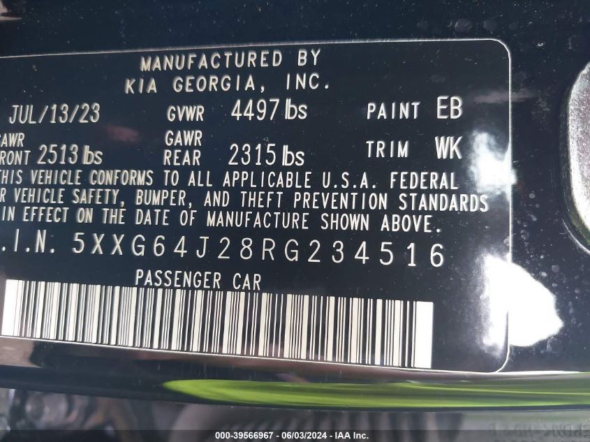 2024 Kia K5 Gt-Line VIN: 5XXG64J28RG234516 Lot: 39566967