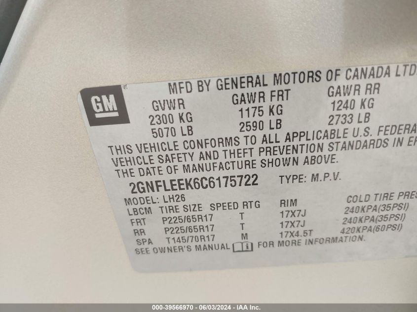 2012 Chevrolet Equinox Lt VIN: 2GNFLEEK6C6175722 Lot: 39566970