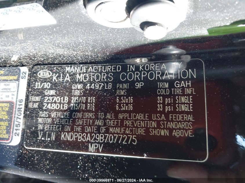 2011 Kia Sportage Lx VIN: KNDPB3A29B7077275 Lot: 39566971