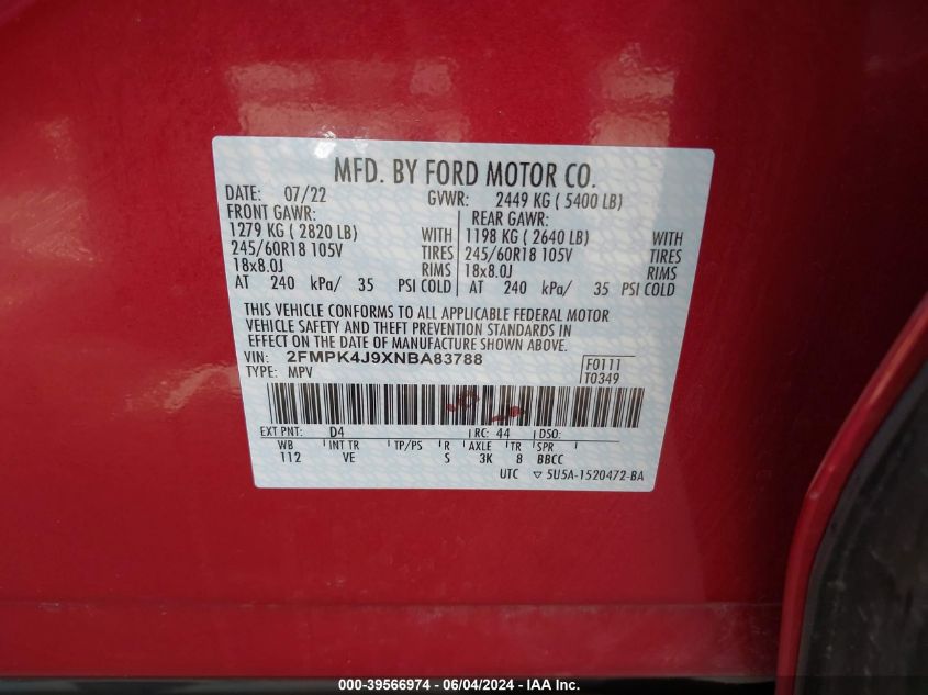 2022 Ford Edge Sel VIN: 2FMPK4J9XNBA83788 Lot: 39566974