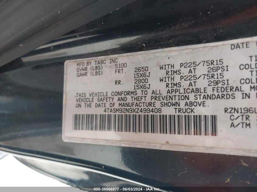 1999 Toyota Tacoma Prerunner VIN: 4TASM92N9XZ499408 Lot: 39566977