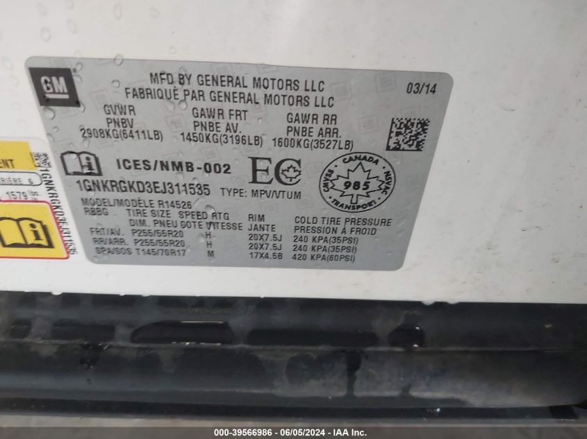 2014 Chevrolet Traverse 1Lt VIN: 1GNKRGKD3EJ311535 Lot: 39566986