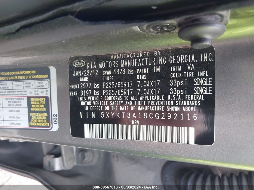 2012 Kia Sorento Lx VIN: 5XYKT3A18CG292116 Lot: 39567013