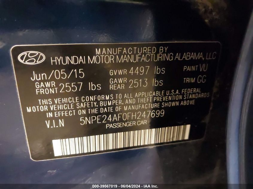 2015 Hyundai Sonata Se VIN: 5NPE24AF0FH247699 Lot: 39567019