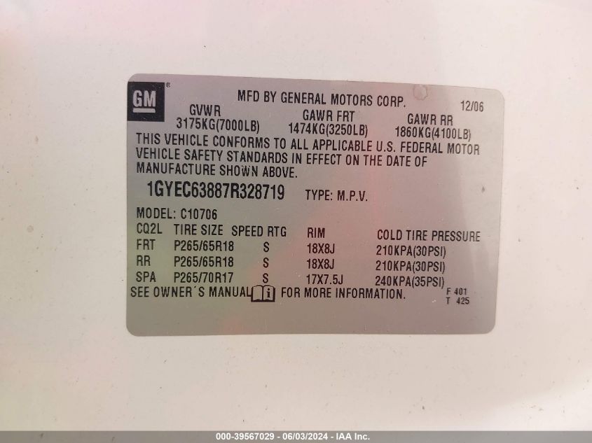 2007 Cadillac Escalade Standard VIN: 1GYEC63887R328719 Lot: 39567029