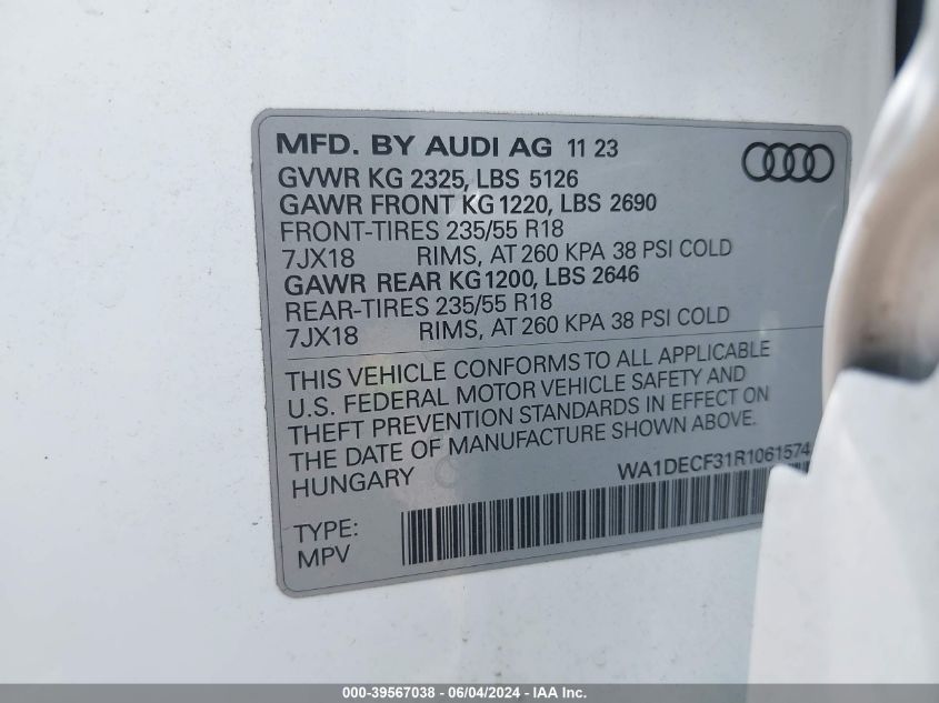 2024 Audi Q3 Premium 45 Tfsi S Line Quattro Tiptronic VIN: WA1DECF31R1061574 Lot: 39567038