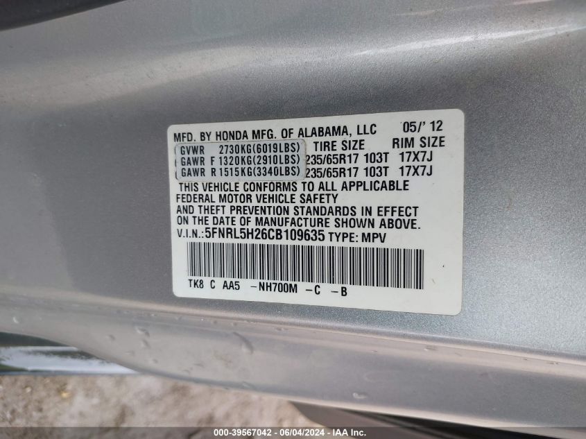 2012 Honda Odyssey Lx VIN: 5FNRL5H26CB109635 Lot: 39567042