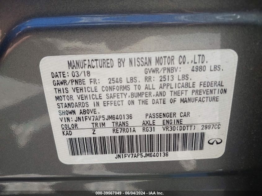 2018 Infiniti Q50 3.0T Red Sport 400 VIN: JN1FV7AP5JM640136 Lot: 39567049