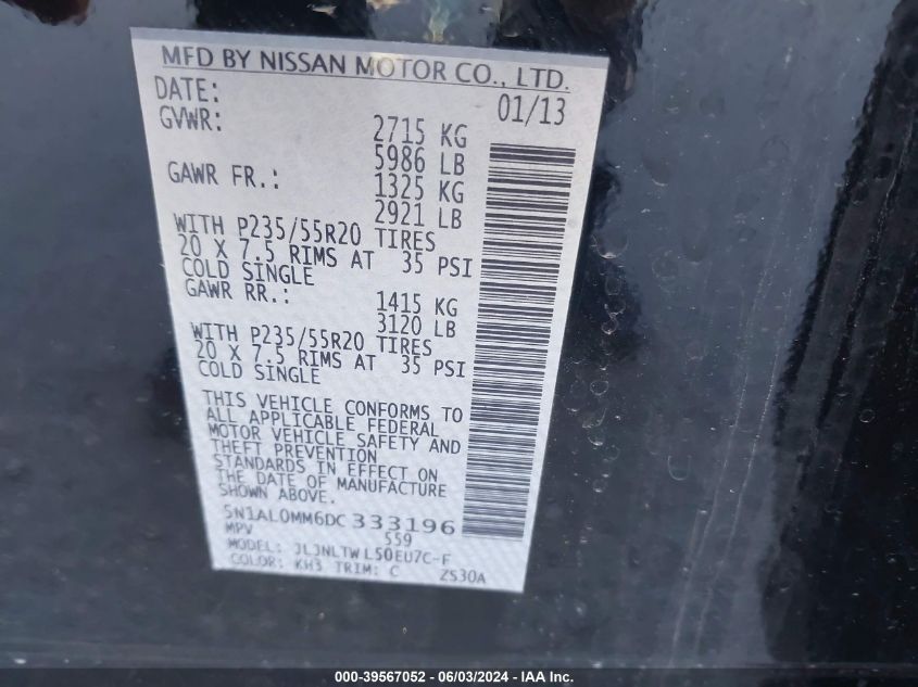 2013 Infiniti Jx35 VIN: 5N1AL0MM6DC333196 Lot: 39567052