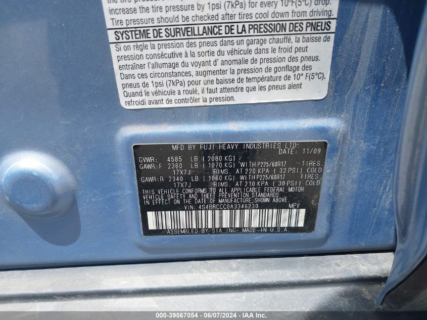 2010 Subaru Outback 2.5I Premium VIN: 4S4BRCCC0A3346230 Lot: 39567054