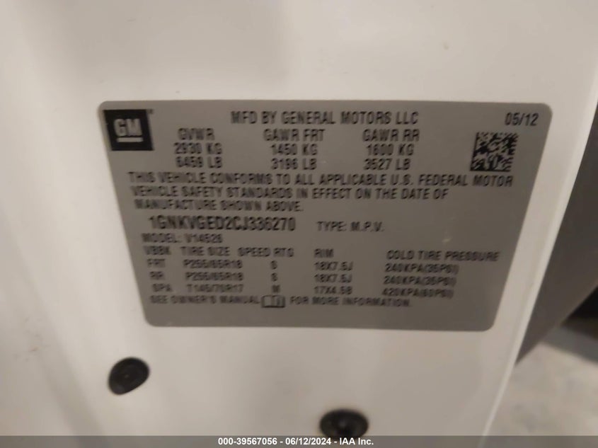2012 Chevrolet Traverse 1Lt VIN: 1GNKVGED2CJ336270 Lot: 39567056