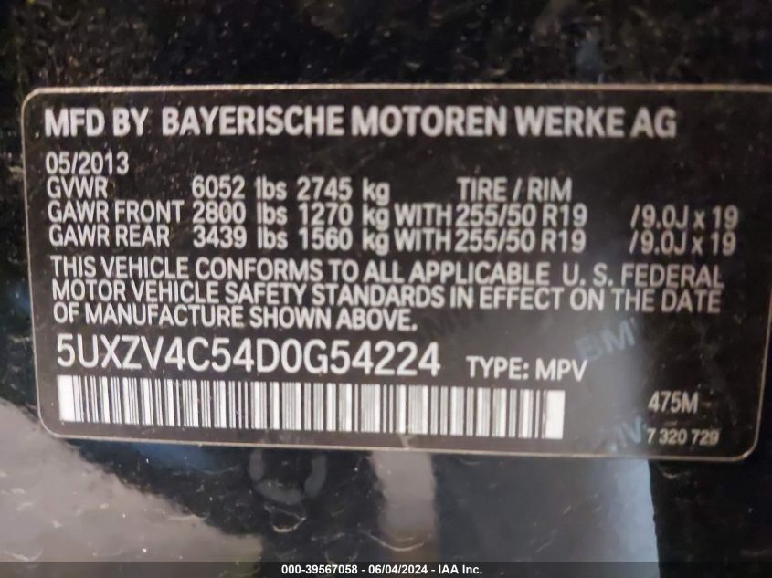 2013 BMW X5 xDrive35I/xDrive35I Premium/xDrive35I Sport Activity VIN: 5UXZV4C54D0G54224 Lot: 39567058