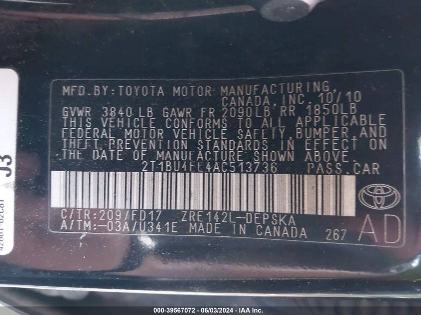 2010 Toyota Corolla S VIN: 2T1BU4EE4AC513736 Lot: 39567072