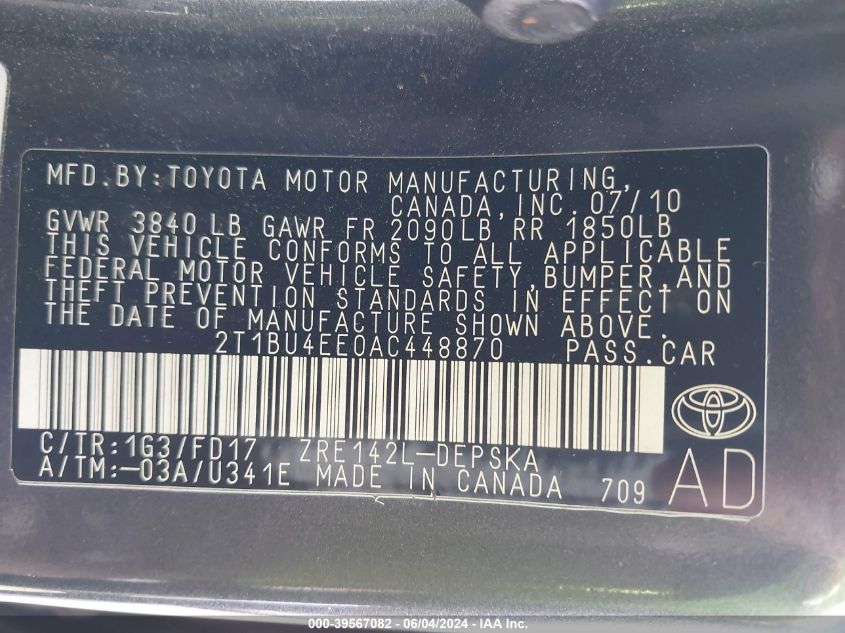 2010 Toyota Corolla S VIN: 2T1BU4EE0AC448870 Lot: 39567082