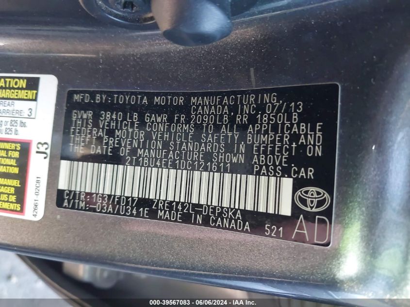 2013 Toyota Corolla S VIN: 2T1BU4EE1DC121611 Lot: 39567083