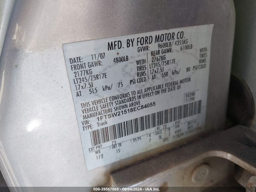 2008 Ford F-250 Fx4/King Ranch/Lariat/Xl/Xlt VIN: 1FTSW21518EC84055 Lot: 39567085