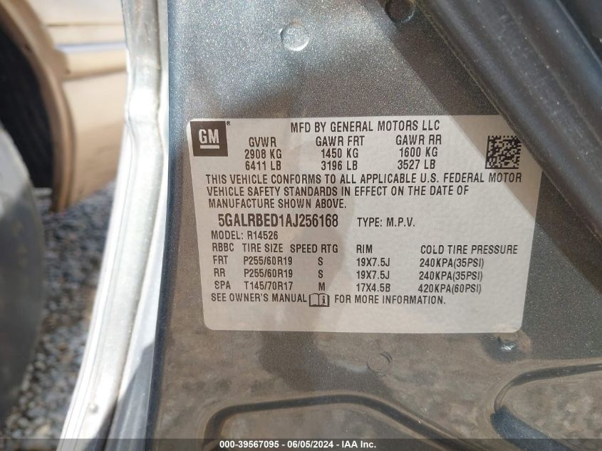 2010 Buick Enclave 1Xl VIN: 5GALRBED1AJ256168 Lot: 39567095