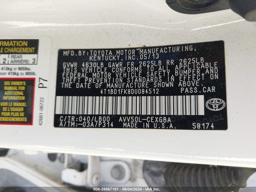 2013 Toyota Camry Hybrid Xle VIN: 4T1BD1FK8DU084512 Lot: 39567101