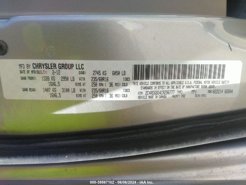 2012 Dodge Grand Caravan Se/Avp VIN: 2C4RDGBG4CR296777 Lot: 39567102