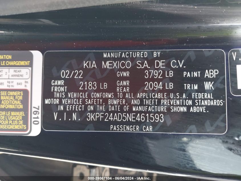 2022 Kia Forte Lxs VIN: 3KPF24AD5NE461593 Lot: 39567104