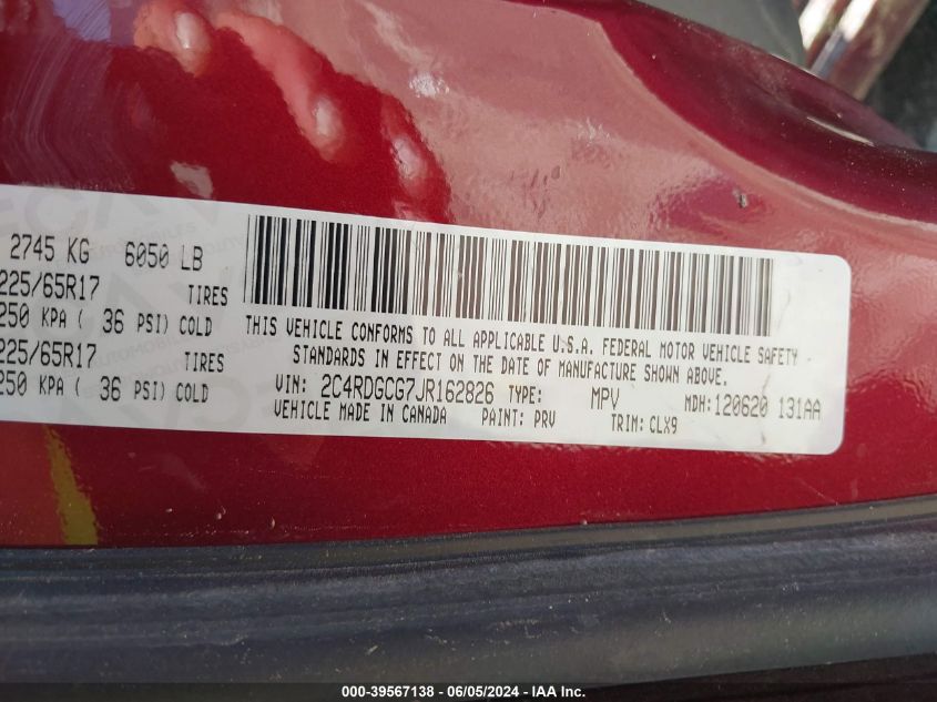 2018 Dodge Grand Caravan Sxt VIN: 2C4RDGCG7JR162826 Lot: 39567138