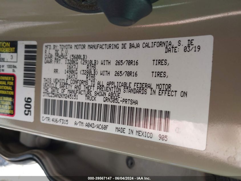 2019 Toyota Tacoma Trd Off Road VIN: 3TMCZ5AN2KM245151 Lot: 39567147
