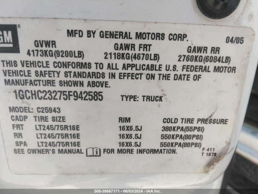 2005 Chevrolet Silverado 2500Hd Ls VIN: 1GCHC23275F942585 Lot: 39567171