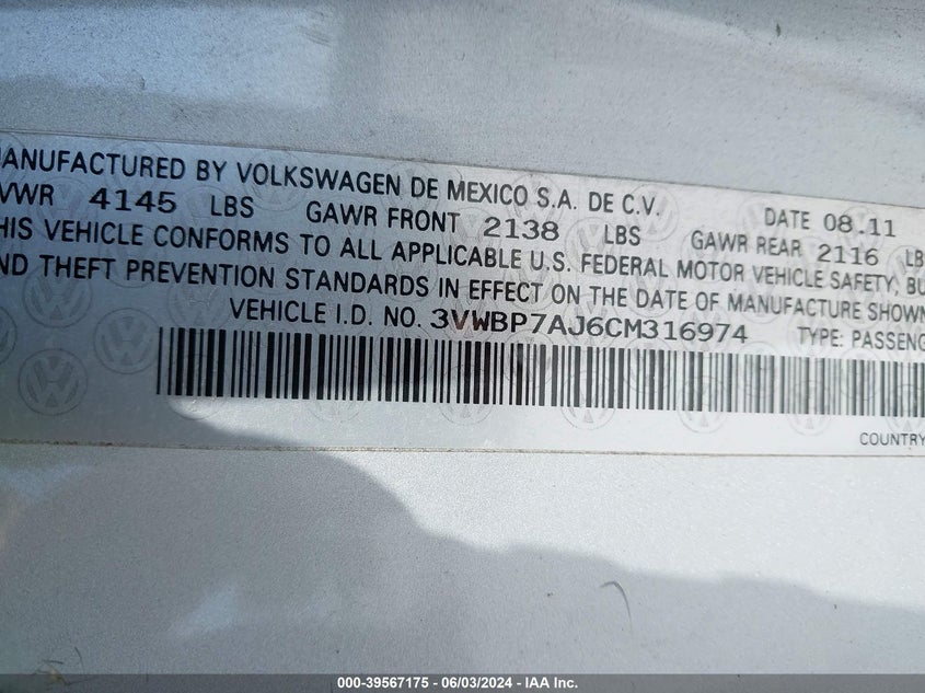 2012 Volkswagen Jetta 2.5L Se VIN: 3VWBP7AJ6CM316974 Lot: 39567175