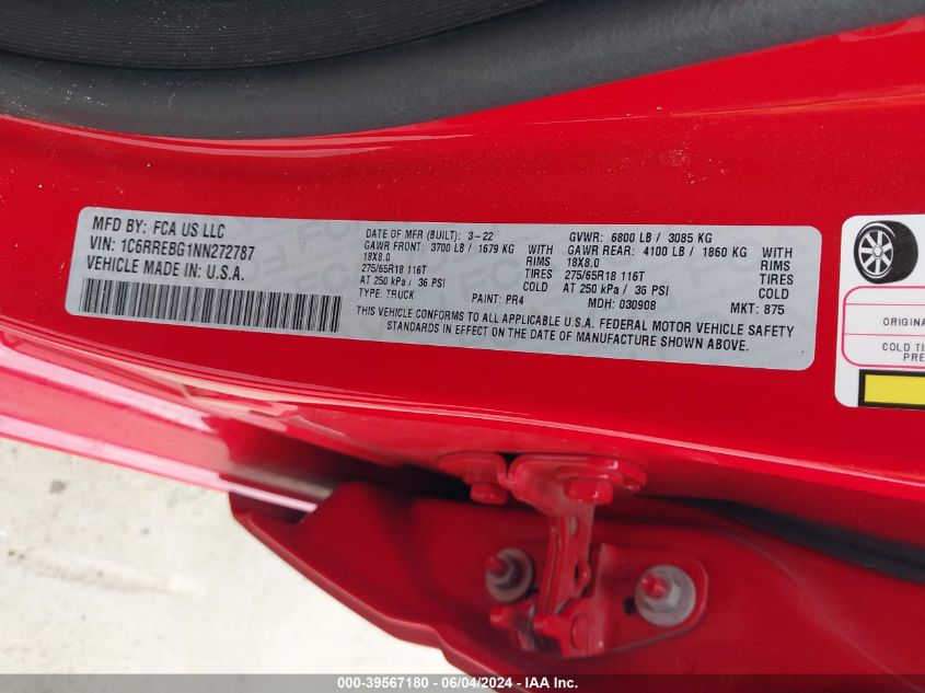 2022 Ram 1500 Big Horn Quad Cab 4X2 6'4 Box VIN: 1C6RREBG1NN272787 Lot: 39567180