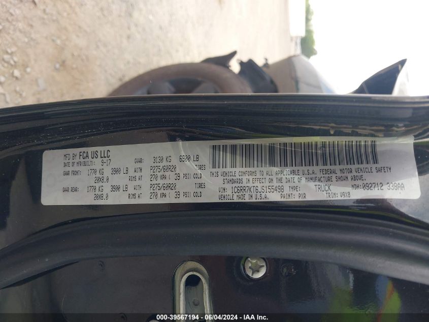 2018 Ram 1500 Express 4X4 5'7 Box VIN: 1C6RR7KT6JS155498 Lot: 39567194