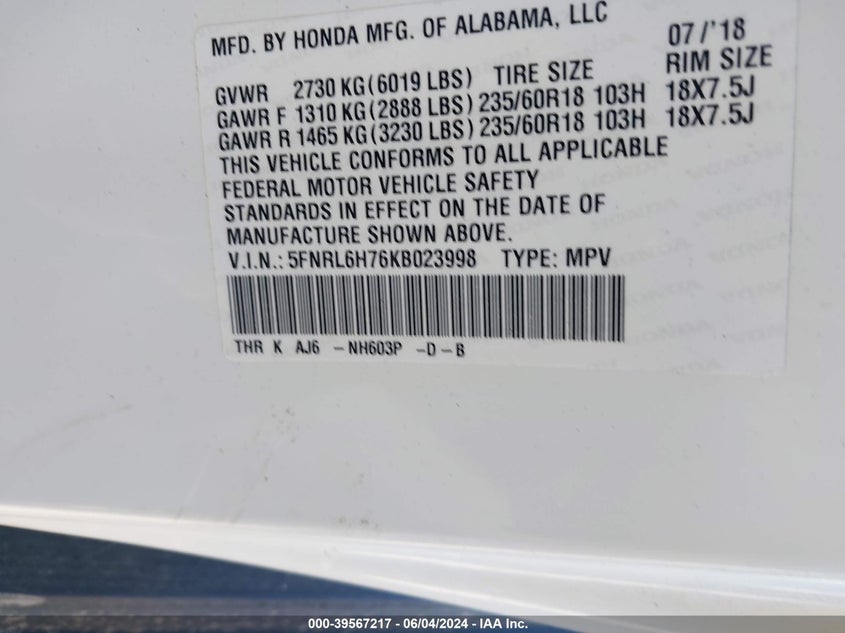 2019 Honda Odyssey Ex-L VIN: 5FNRL6H76KB023998 Lot: 39567217