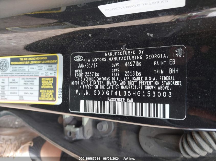 2017 Kia Optima Lx VIN: 5XXGT4L35HG153003 Lot: 39567234
