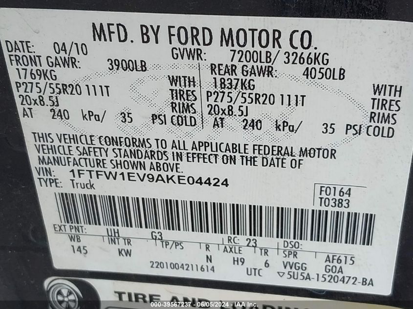 2010 Ford F-150 Fx4/Harley-Davidson/King Ranch/Lariat/Platinum/Xl/Xlt VIN: 1FTFW1EV9AKE04424 Lot: 39567237